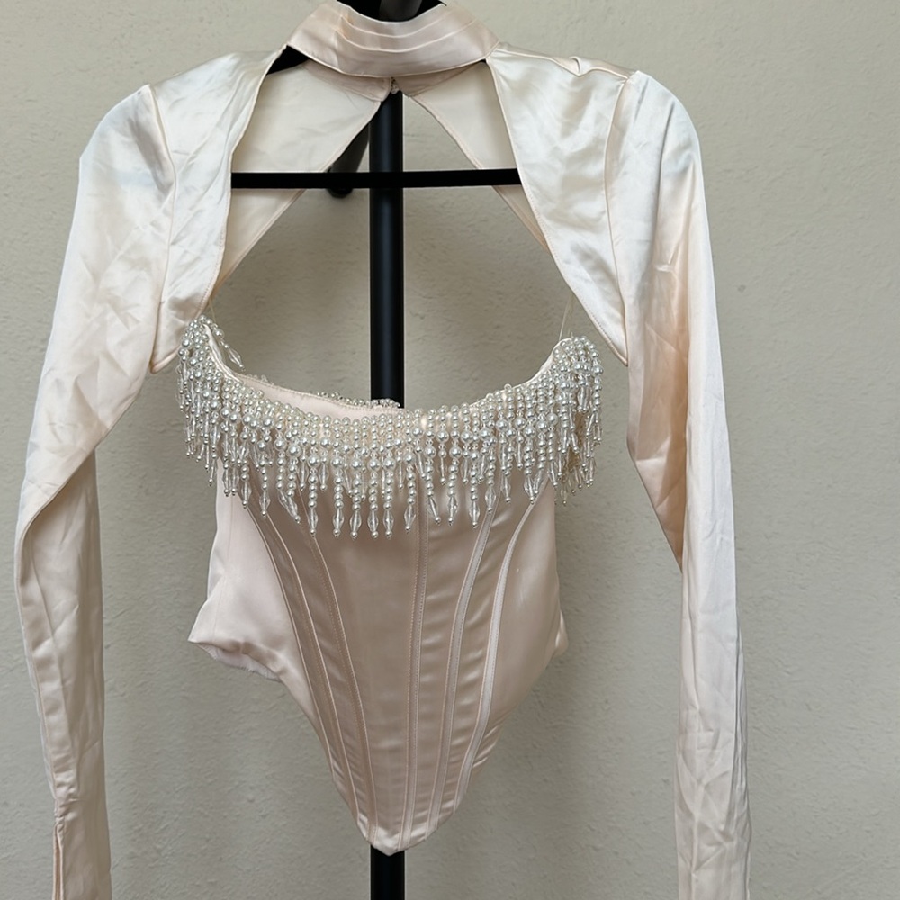 HOUSE OF CB 'Aubrie' Vintage Cream Embellished Satin Corset With Sleeve NWOT S - Picture 8 of 14